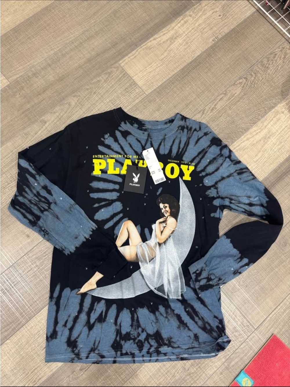PLAYBOY Black and Blue Tie-Dye Long Sleeve Tee with Graphic